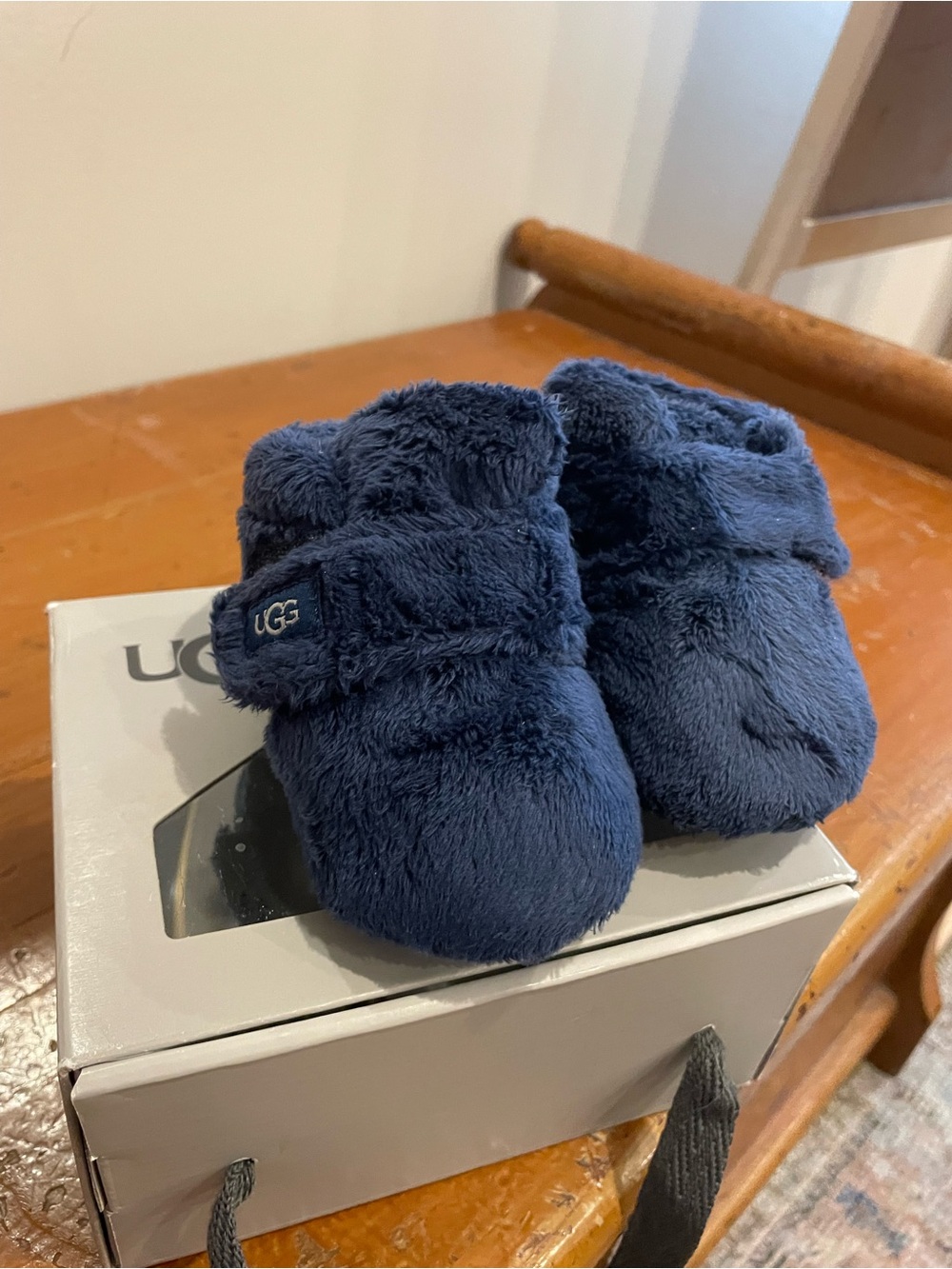 UGG Navy Plush Infant Booties with Hook-and-Loop Strap